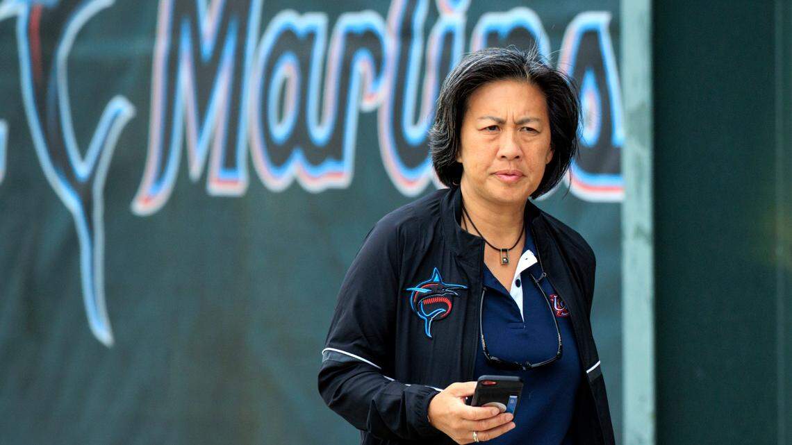 Miami Marlins General Manager Kim Ng looks on during the first full-squad spring training workout at Roger Dean Stadium on Tuesday, March 15, 2022 in Jupiter, FL.