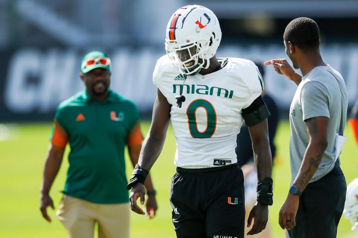 Miami Hurricane safety James Williams (0) reacts during spring practice at the University of Miami campus in Coral Gables, Florida, on Friday, March 11, 2022.
