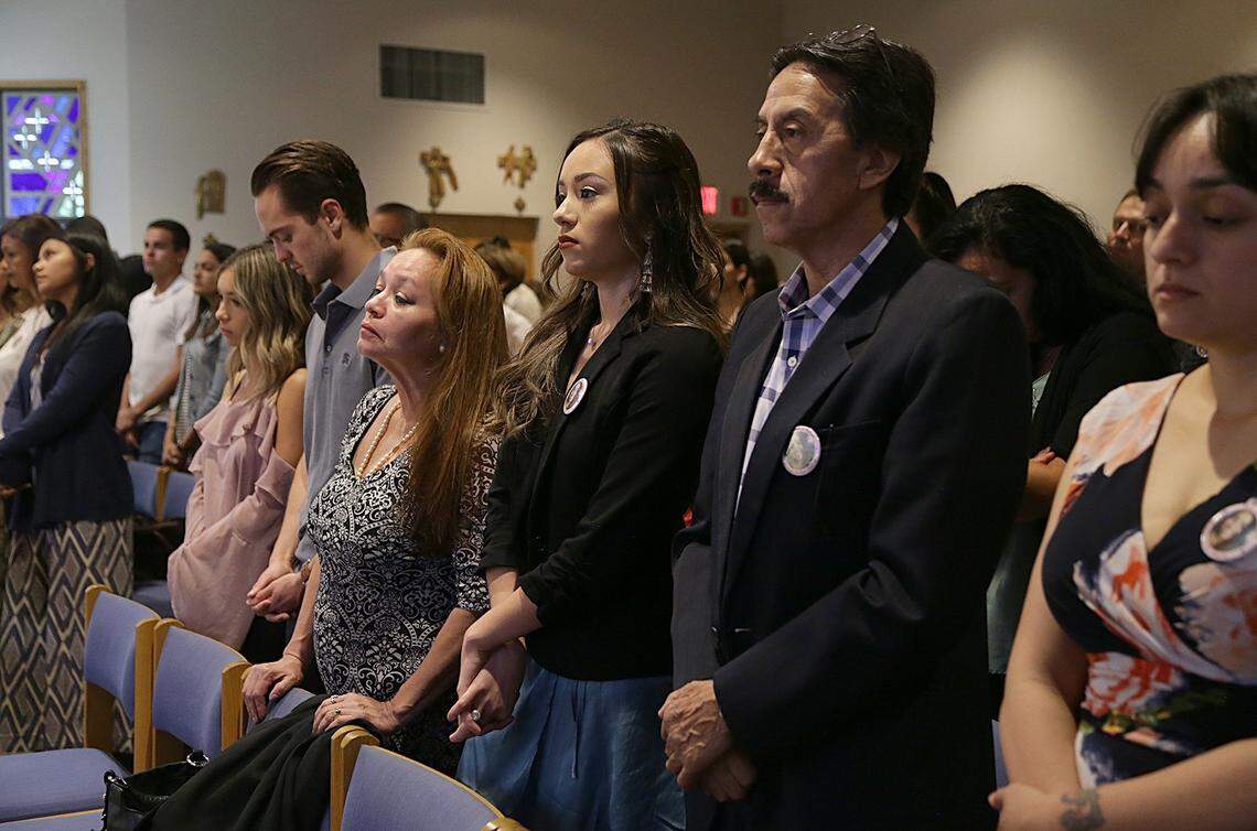 During a May 18 Mass to celebrate what would have been Alexa M. Duran's 19th birthday, friends and extended family joined the immediate family at St. Mark Catholic Church in Southwest Ranches. From left: mother Gina Duran, sister Dina Duran and father Orlando Duran. Alexa was crushed when the FIU bridge collapsed.
