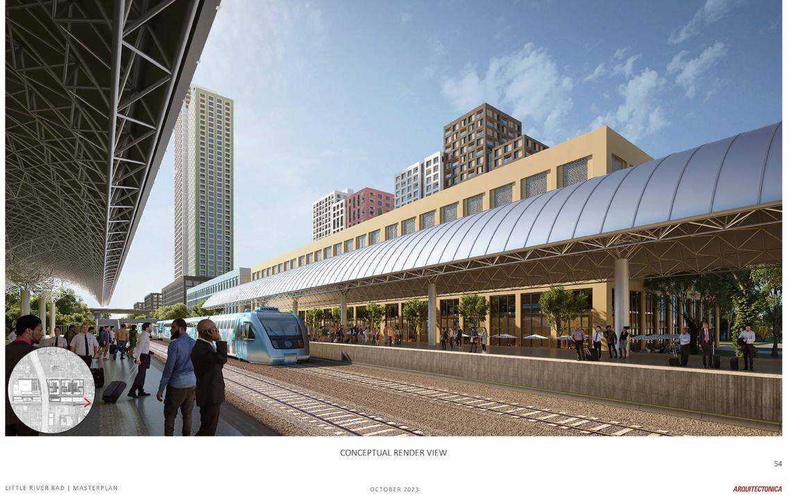 A conceptual rendering shows a possible new Tri-Rail station that would be part of an extensive redevelopment proposal that aims to bring 5,000 affordable and workforce apartments to Miami’s Little River and Little Haiti neighborhoods.