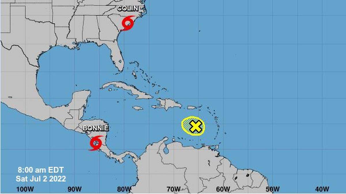 Tropical Storms Bonnie, Colin and a tropical disturbance as of 8 a.m. Saturday morning