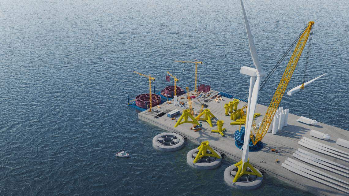 Esteyco’s Wheel platform can be assembled from a barge floating in a relatively shallow harbor, saving space and cutting down on construction costs.