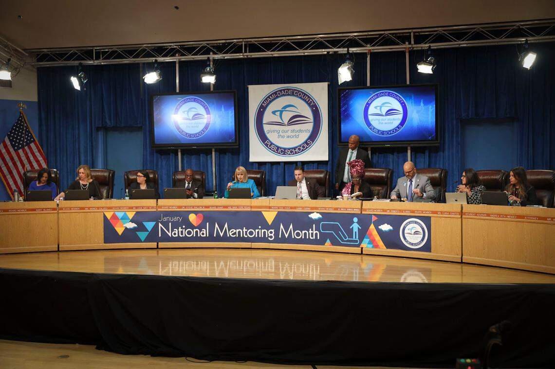 The Miami-Dade School Board holds a meeting after swearing in the newly appointed member, Maria Bosque-Blanco, on Wednesday, Jan. 18, 2023, in downtown Miami.