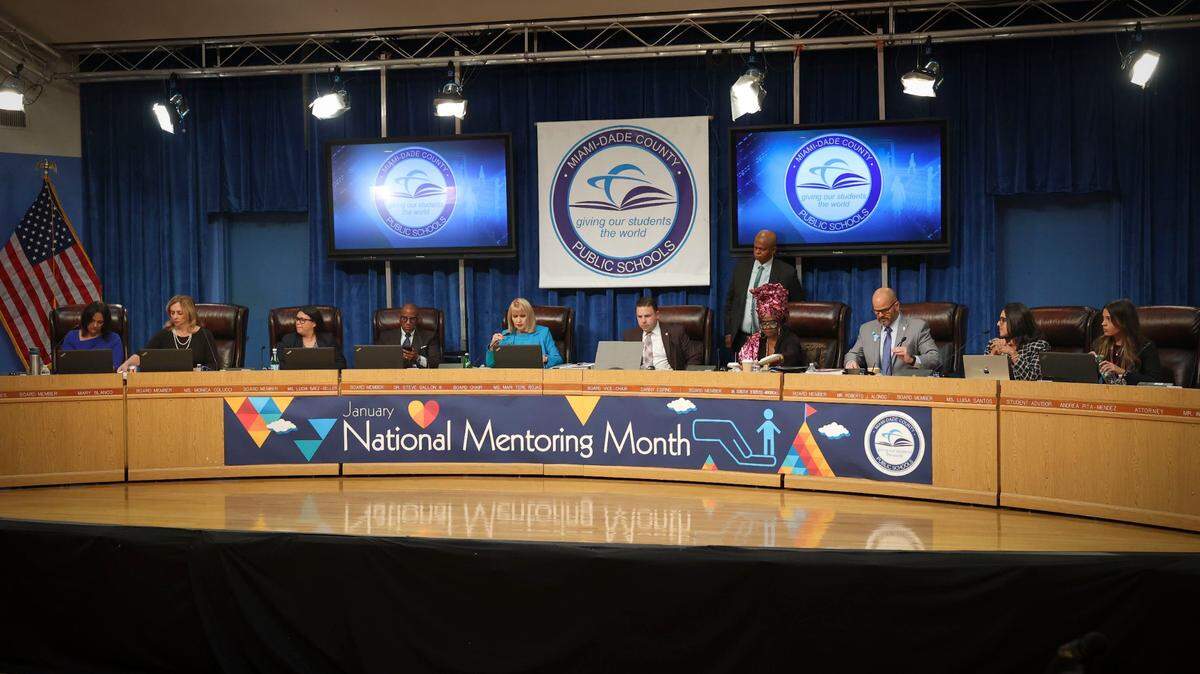 The Miami-Dade School Board meets after swearing in the newly appointed member, Maria Bosque-Blanco, on Wednesday, Jan. 18, 2023. On Wednesday, March 15, 2023, the board unanimously approved a measure to commemorate May 4 as the National Day of Prayer in the district’s public schools.