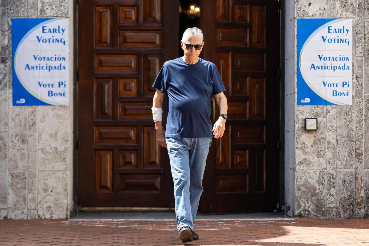 Oviedo Menendez leaves the Coral Gables Library where he cast his ballot during early in-person voting on Monday, March 4, 2024, in Coral Gables, Fla.