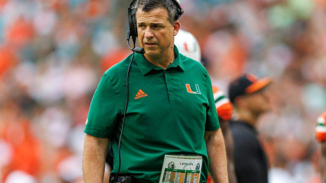 Miami Hurricanes head coach Mario Cristobal looks on during the second quarter of an ACC conference football game against North Carolina Tar Heels at Hard Rock Stadium on Saturday, October 8, 2022 in Miami Gardens, Florida..