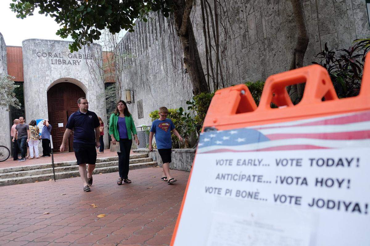 Voters exit Coral Gables Library on Segovia Street after early voting on March 13, 2016 in Coral Gables, Florida. The library will be renovated in an 18-month project beginning in April 2021.