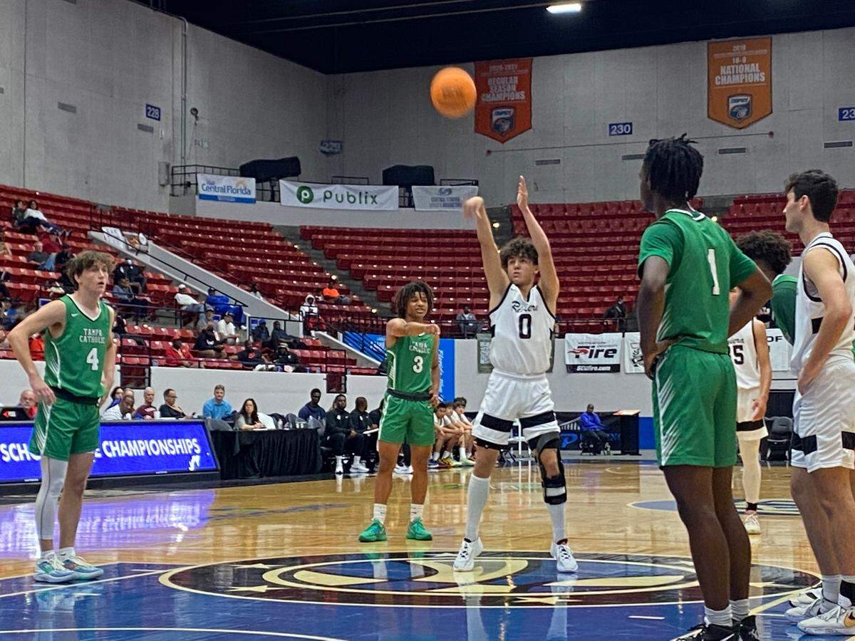 Riviera Prep guard Myles Fuentes shoots a free throw during the Bulldogs’ 68-67 victory over Tampa Catholic on Wednesday in a Class 3A state boys’ basketball semifinal at the RP Funding Center in Lakeland, Fla.