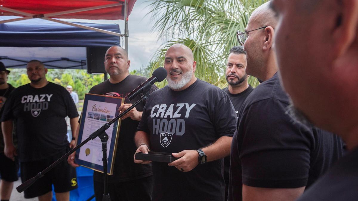Eric Narciandi, known as DJ EFN, President of Crazy Hood Productions holds a press conference when Crazy Hood Productions, gets a sign unveiled in their honor as pioneers of Miami’s music scene, in Kendall on Friday October 20th., 2023.
