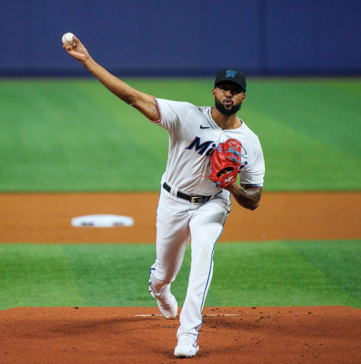 Miami Marlins pitcher Sandy Alcantara pitches during the first the inning of the season home opener baseball game against the Philadelphia Phillies at LoanDepot Park on Thursday, April 14, 2022 in Miami, Florida.