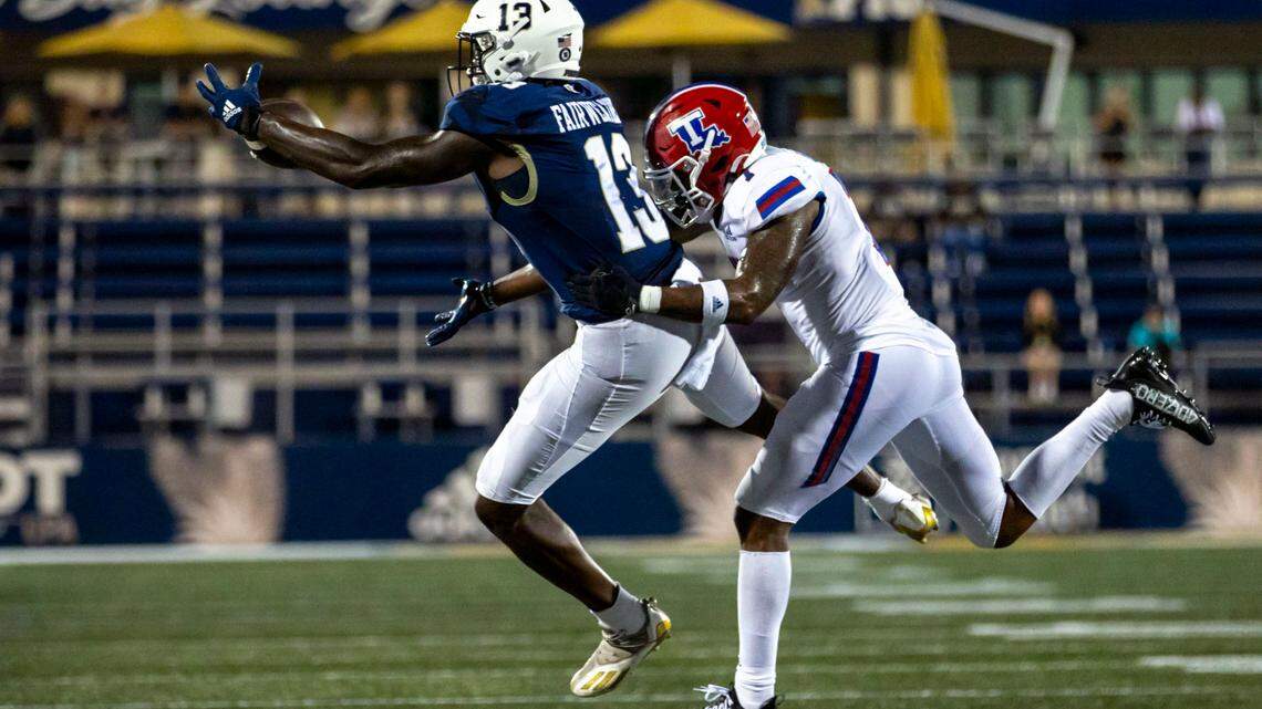 Florida International University tightend Rivaldo Fairweather (13) makes the catch during the fourth quarter of an NCAA Conference USA football game against Louisiana Tech University at Riccardo Silva Stadium in Miami, Florida, on Friday, October 28, 2022.