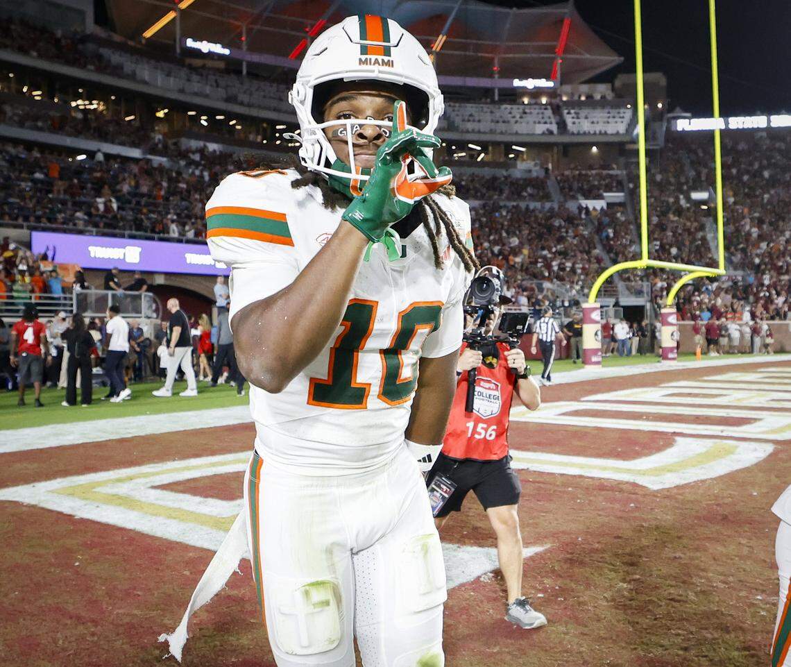 Miami Hurricanes wide receiver Malachi Toney (10) celebrates after scoring in the first half against the Florida State Seminoles in their NCAA game at Doak Campbell Stadium in Tallahassee, Florida, on Saturday, October 4, 2025.