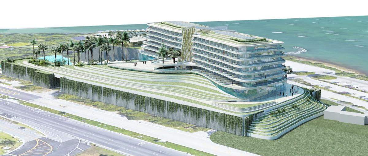 Rendering of a jungle-themed hotel that Jungle Island is proposing. The hotel would be 13 stories high with 300 rooms.