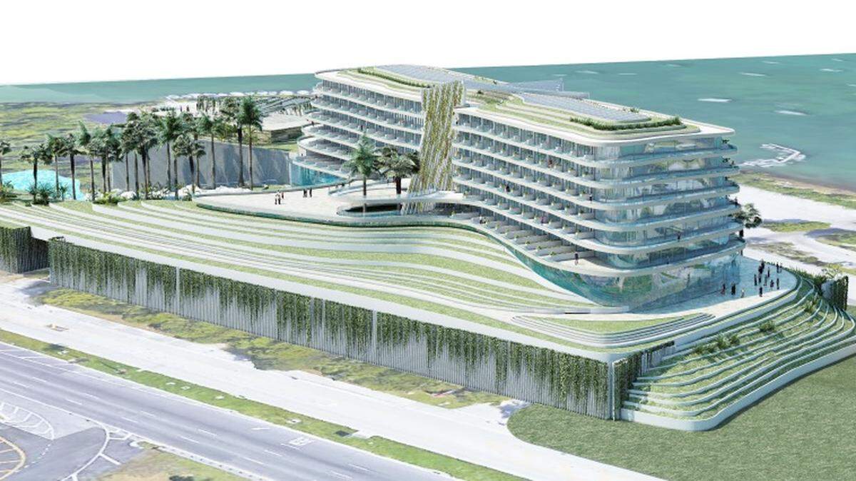 Rendering of a jungle-themed hotel that Jungle Island is proposing. The hotel would be 13 stories high with 300 rooms.