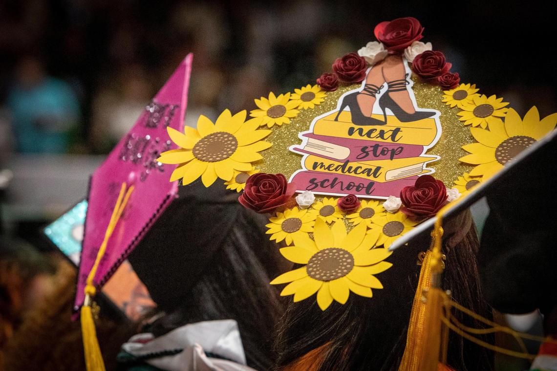 A message on a mortarboard at the University of Miami graduation ceremony in Coral Gables on Friday morning.