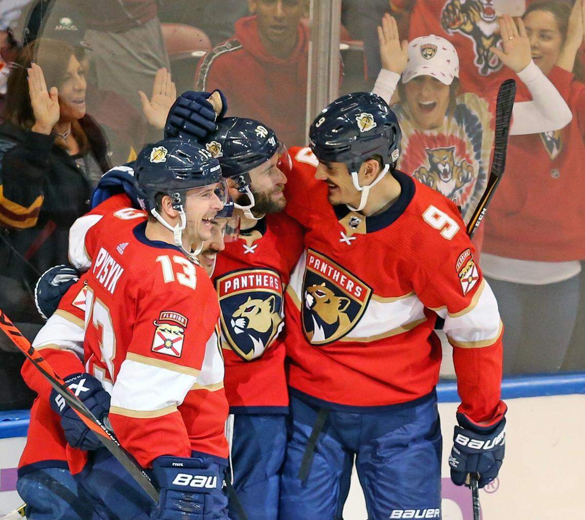 Florida Panthers Brett Connolly (10) celebrates after scoring in the first period with Brian Boyle (9) as they play the Philadelphia Flyers at the BB&T Center in Sunrise, Florida, Tuesday, November, 19, 2019.