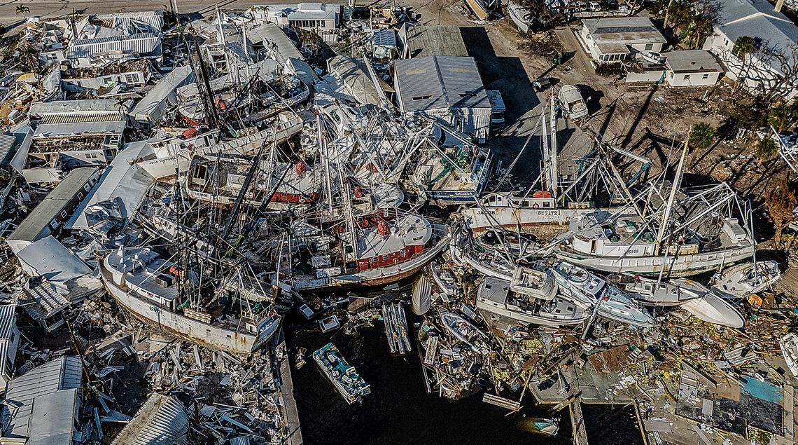 Wrecked ships on San Carlos Island at Fort Myers Beach after Hurricane Ian, on Oct. 26.