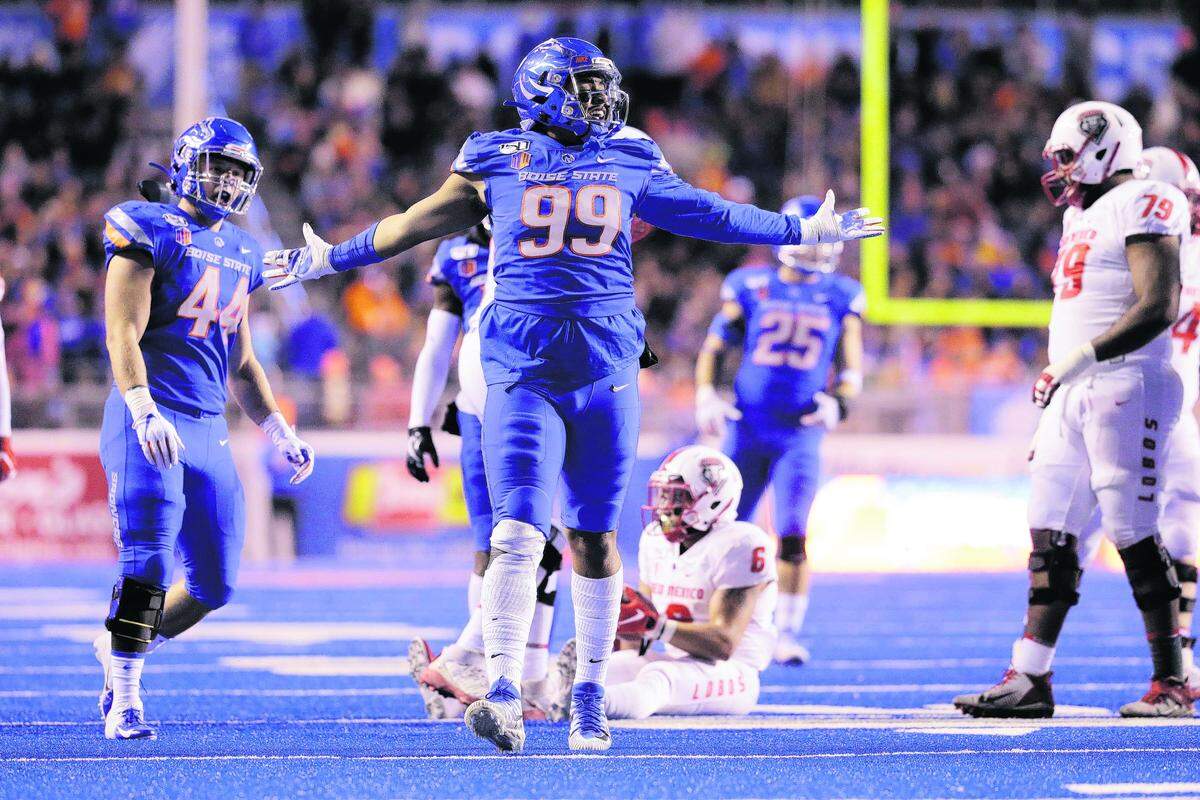 Boise State STUD Curtis Weaver reacts after a sack against New Mexico on Nov. 16. He owns the Mountain West record and ranks No. 2 all-time at Boise State with 34 career sacks.