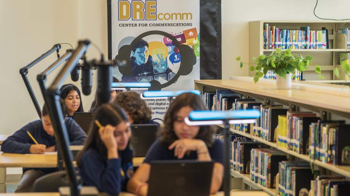 Students seen in center for communications at the Dr. Rolando Espinosa K-8 Center, during the first day of school for Miami-Dade County Public Schools (M-DCPS) in the 2025-2026 school year, on Thursday, August 14, 2025.