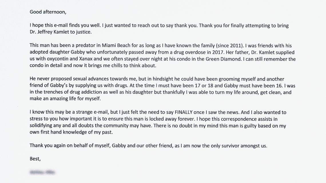 Letter to the state attorney from a friend of Kamlet’s late daughter who claims Kamlet supplied them with drugs when they were young.