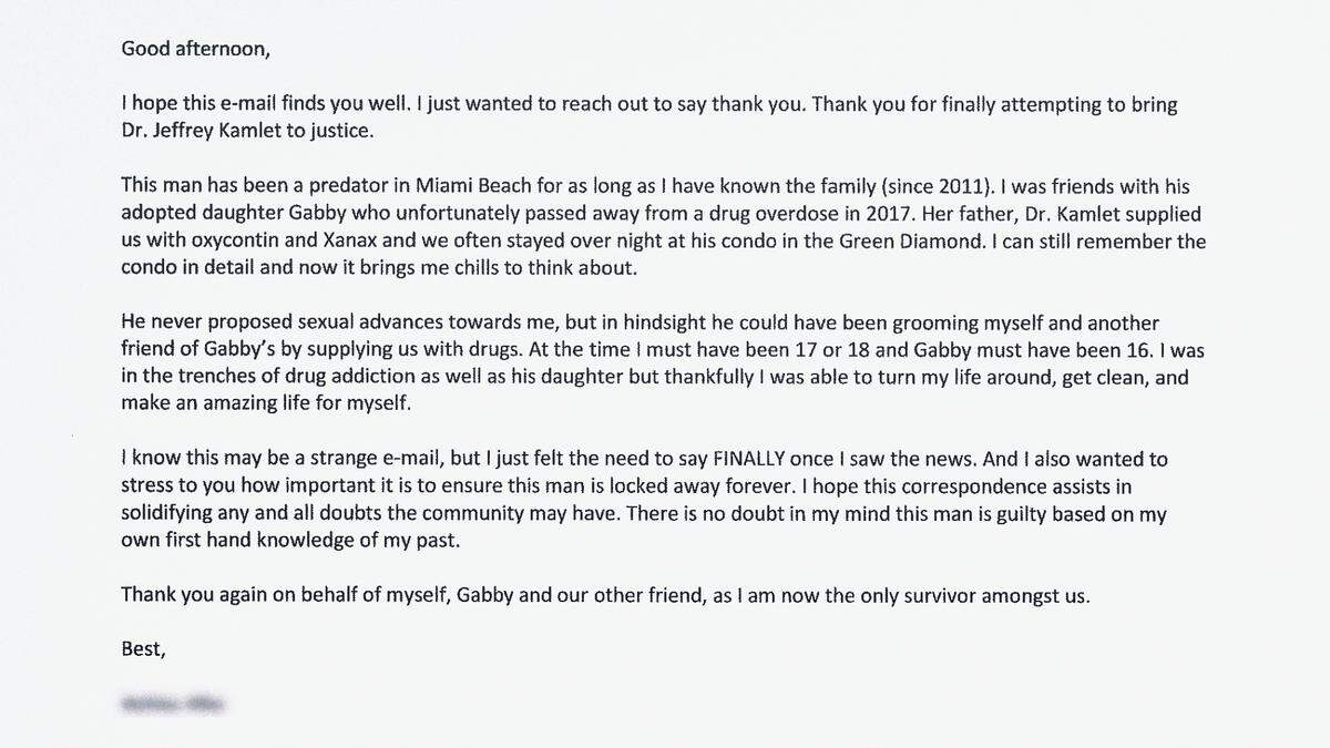 Letter to the state attorney from a friend of Kamlet’s late daughter who claims Kamlet supplied them with drugs when they were young.