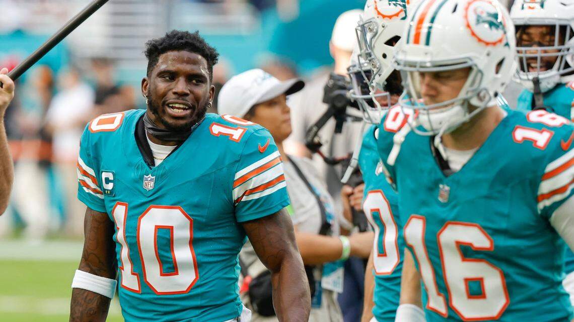Miami Dolphins wide receiver Tyreek Hill (10) is out on the field before the start of the game against the Dallas Cowboys at Hard Rock Stadium in Miami Gardens on Sunday, Dec. 24, 2023.