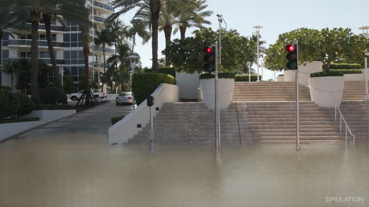 Esta es una simulación del aspecto que pudiera tener una calle de Miami Beach en 2070 si no se interviene para frenar el ascenso del nivel del mar. Se realizó con FloodVision, una nueva tecnología de Climate Central.
