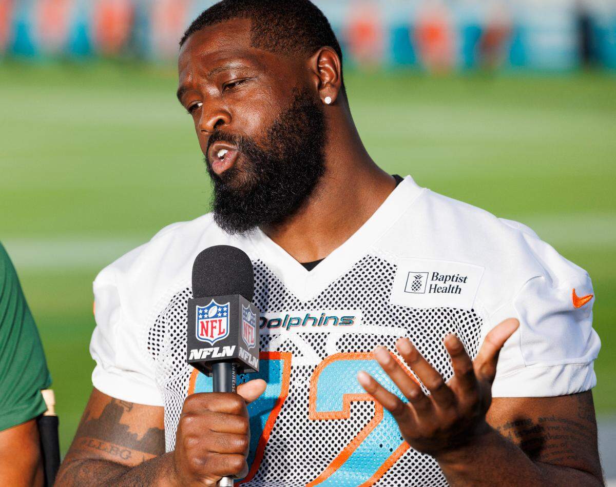 Miami Dolphin’s offensive tackle Terron Armstead (72) talks during an interview after Miami Dolphins Training Camp on Monday, July 29, 2024, at Baptist Health Training Complex in Miami Gardens.