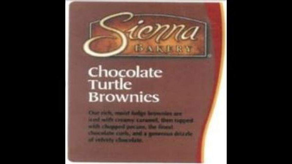 The label for Sienna Chocolate Turtle Brownies