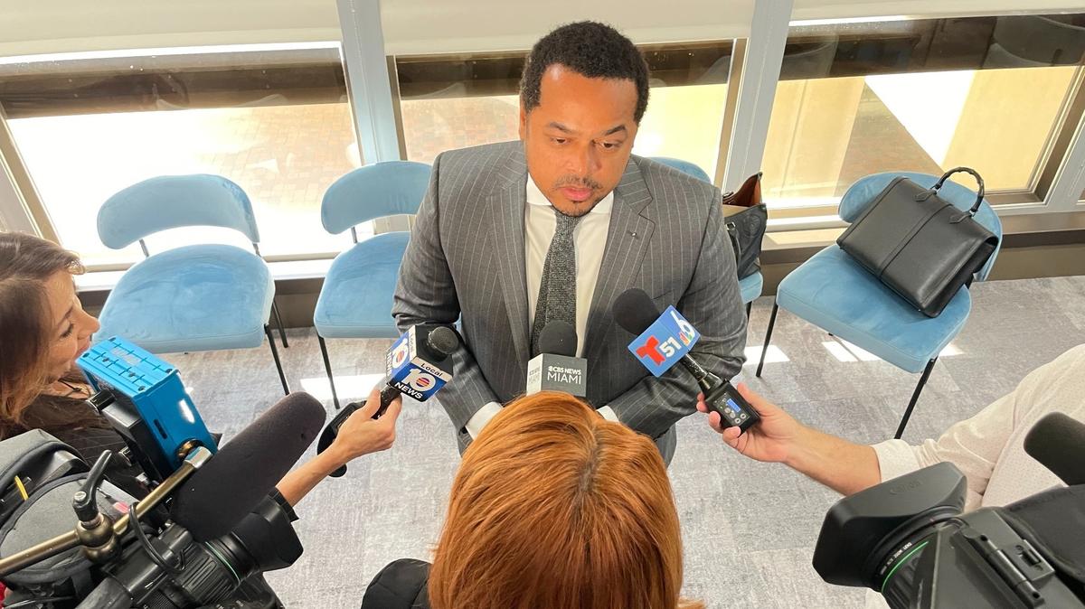 Miami-Dade Commissioner Keon Hardemon holds a press conference after the County Commission approved his plan to add titles of hip-hop and rap songs from Miami artists to street names in Liberty City.