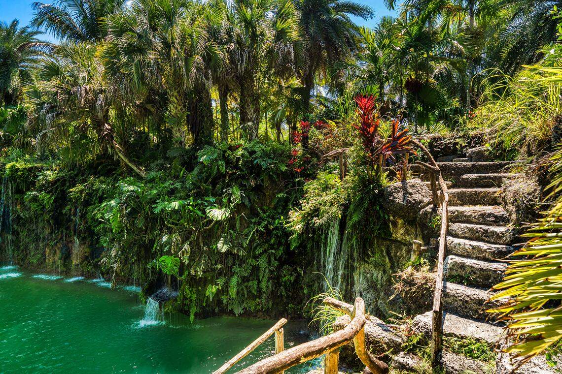 Stairs lead to one of the property's landscaped coral rock grottoes.