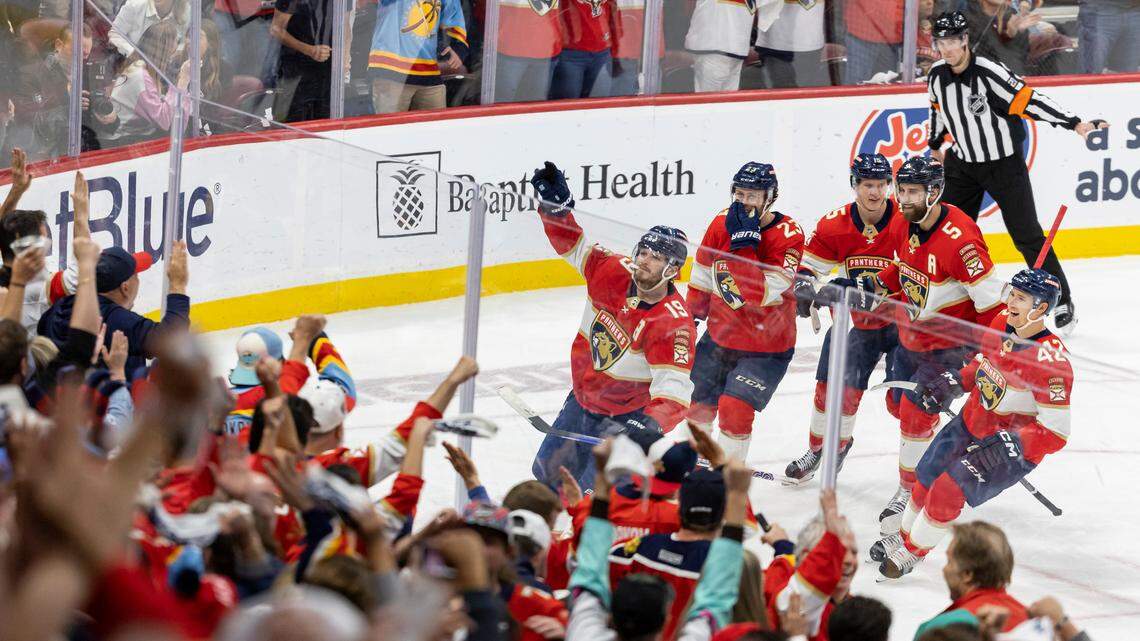 Florida Panthers left wing Matthew Tkachuk (19) celebrates after scoring a goal against the Boston Bruins in the third period of Game 6 of a first round NHL Stanley Cup series at the FLA Live Arena on Friday, April 28, 2023 in Sunrise, Fla.