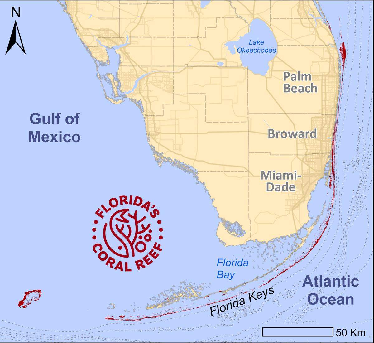 At more than 350 miles, the Florida Reef Tract, shown in red, is the third-largest largest coral reef system in the world. Stretching from the Dry Tortugas to Martin County, it provides billions in services to the local economy, including for tourism and fisheries, while also serving as a natural barrier that protects millions of people living along the coast from storm surge.