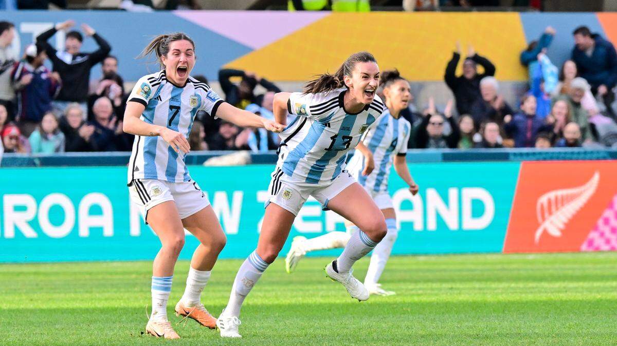 Sophia Braun (R, front) of Argentina celebrates a goal during the group G match between Argentina and South Africa at the FIFA Women’s World Cup Australia & New Zealand 2023 in Dunedin, New Zealand, July 28, 2023. Argentina plays Colombia in a friendly Nov. 30, 2024 in Davie, Florida.