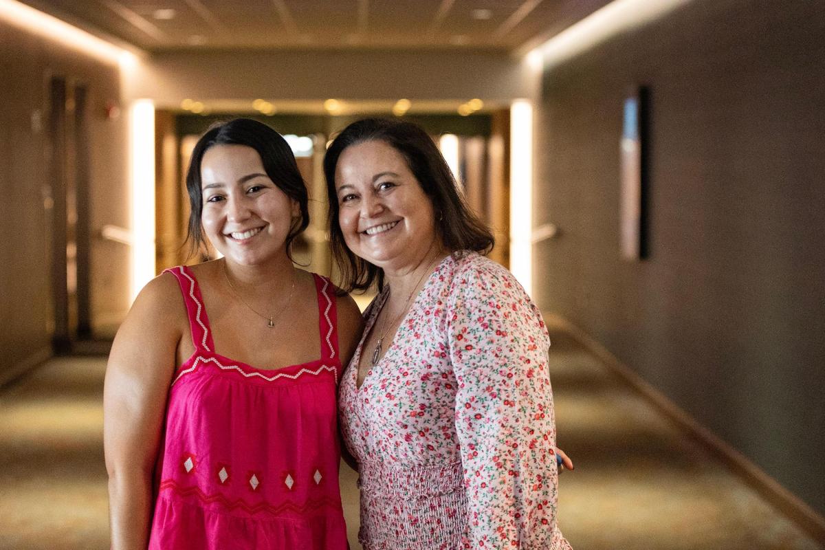 Amanda Salles and her mother, Miriam, pose for a photo before they see the Barbie movie at Cinépolis Coconut Grove in Miami, Fla., on Sunday, July 23, 2023.