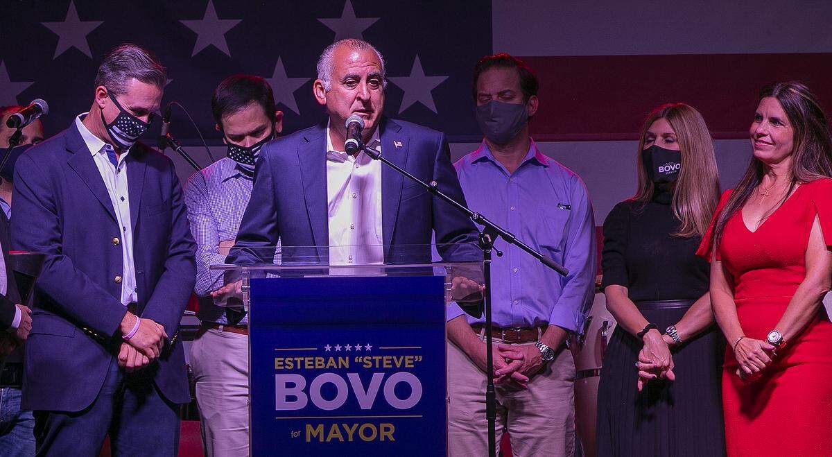 Commissioner Esteban “Steve” Bovo Jr. with his family and friends addresses supporters as he loses the election against Commissioner Daniella Levine Cava in the Miami-Dade mayor race on election night on Tuesday, November 03, 2020