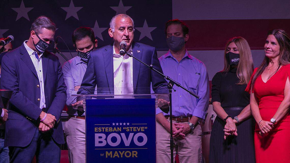 Former Miami-Dade County Commissioner Esteban “Steve” Bovo Jr., joined by his family and friends, addresses supporters as he concedes the Miami-Dade County mayoral race on Tuesday, Nov. 03, 2020.