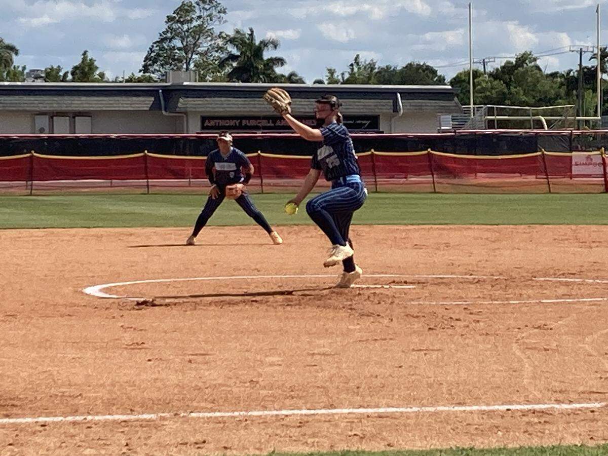 Coral Springs Charter’s Courtney Wahlbrink pitches against Cardinal Gibbons in the Region 4-3A softball final on Thursday at Gibbons’ home field in Fort Lauderdale, Fla.