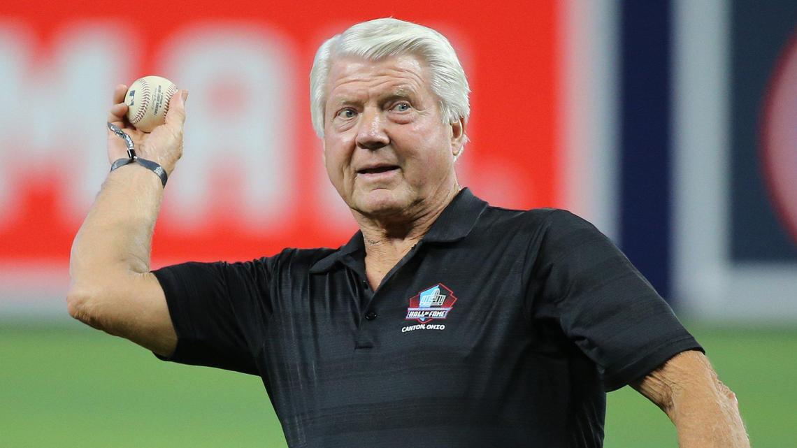 Pro Football Hall of Fame coach Jimmy Johnson throws the first pitch before the start of the game between the Miami Marlins and Atlanta Braves at loanDepot Park in Miami on Saturday, August 13, 2022.