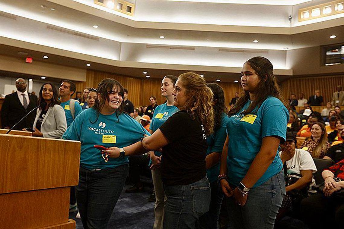 Hadi Cairo, 17, speaks during the Miami-Dade County budget hearing to protest against cutting funds for the Cultural Affairs Department’s arts grant program.