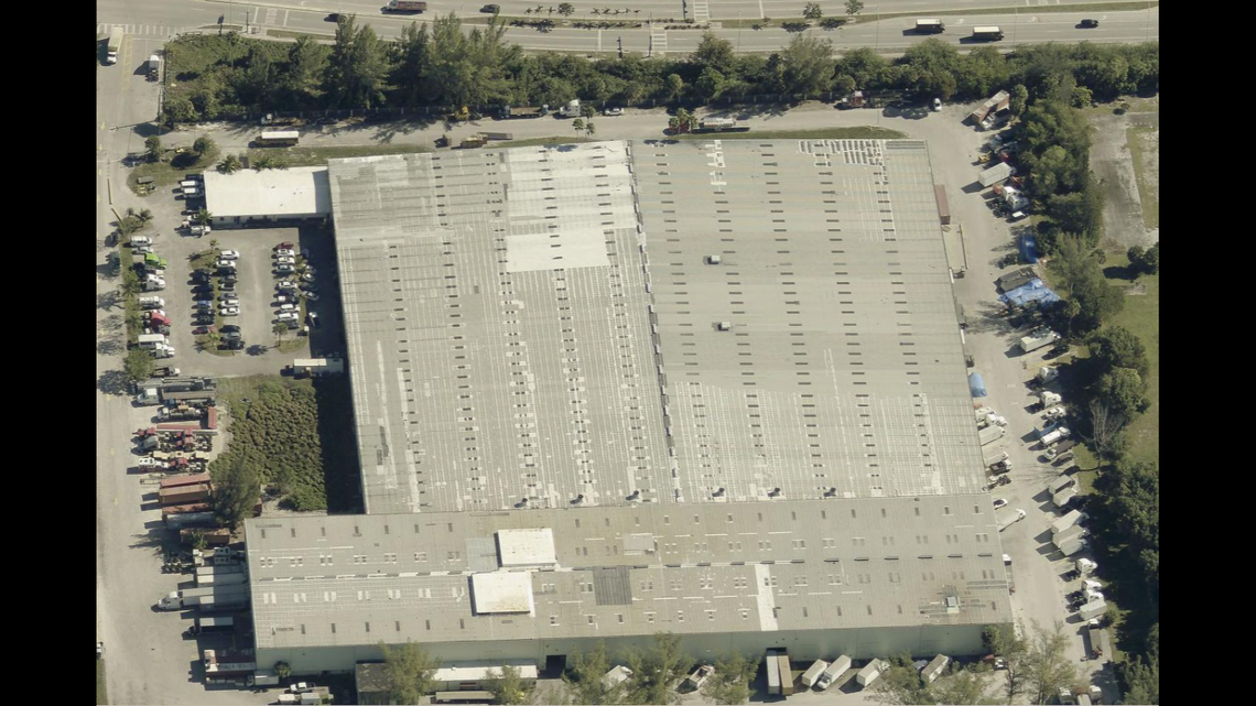 A Dec. 31, 2025, overhead shot of the Global Warehouse Solutions building at 20600 NW 47th Ave., where there was a four-alarm fire on March 5, 2026.