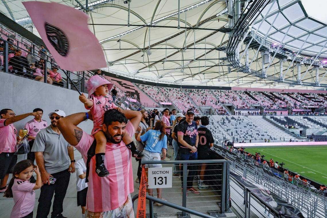 Inter Miami CF fans Oscar Cifuentes and his son, Noah Cifuentes Toledano, 2, enjoy themselves at Nu Stadium at Miami Freedom Park on Thursday, April 2, 2026, in Miami.