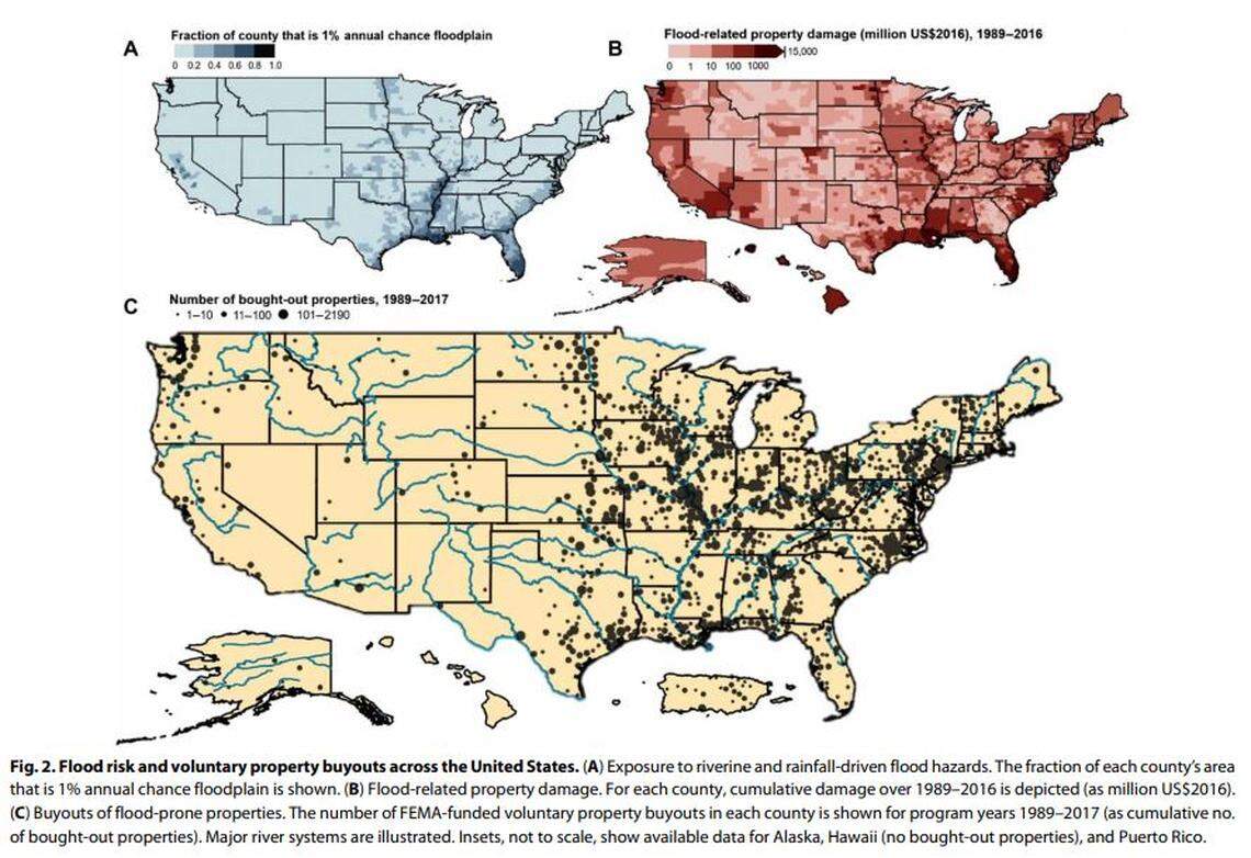 A chart shows flood-prone areas of the US, flood-related property damage and where all FEMA-funded buyouts have happened since the program began in 1989.