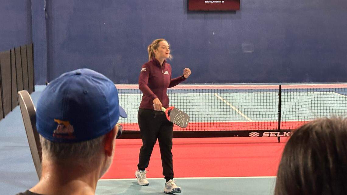 Catherine Parenteau, ranked No. 4 in singles and No. 1 in doubles in pickleball, hosts a clinic at the Dinko Pickleball Complex in Miami.