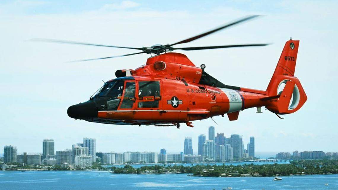 A U.S. Coast Guard Air Station Miami MH-65 helicopter flew over Miami Beach, Florida, Sept. 14, 2025. The MH-65 Dolphin is a short-range recovery helicopter used for search and rescue, law enforcement, and homeland security missions.