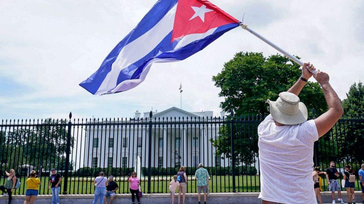On July 13, people participate in a rally outside the White House in support of anti-government protesters in Cuba.