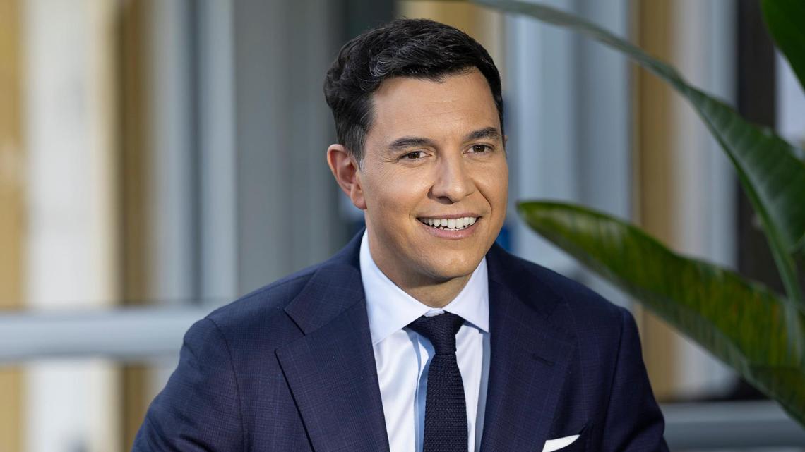 Tom Llamas, a broadcast journalist, is interviewed by Jackie Nespral as he visits the NBC Miami newsroom on Thursday, May 1, 2025, in Miramar, Fla. Llamas, who previously worked at this station, is replacing Lester Holt as the anchor and managing editor of NBC Nightly News.