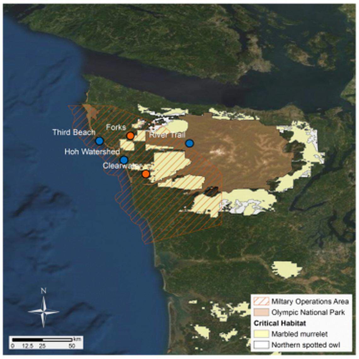 Locations of the study’s acoustic monitoring sites. The Third Beach, Hoh Watershed and River Trail sites were the three primary sites for the study; Forks and Clearwater sites were two additional locations monitored for one six-day period. Also included on this map are the designated critical habitats for marbled murrelet and northern spotted owl, two species listed under the Endangered Species Act.