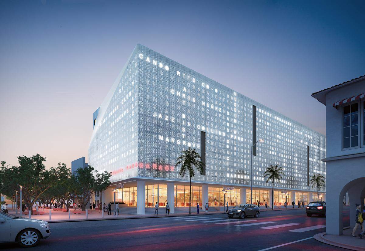 An architectural rendering shows the planned new Collins Park city garage in Miami Beach. The garage’s aluminum skin will be etched with names and words associated with the history of the neighborhood.