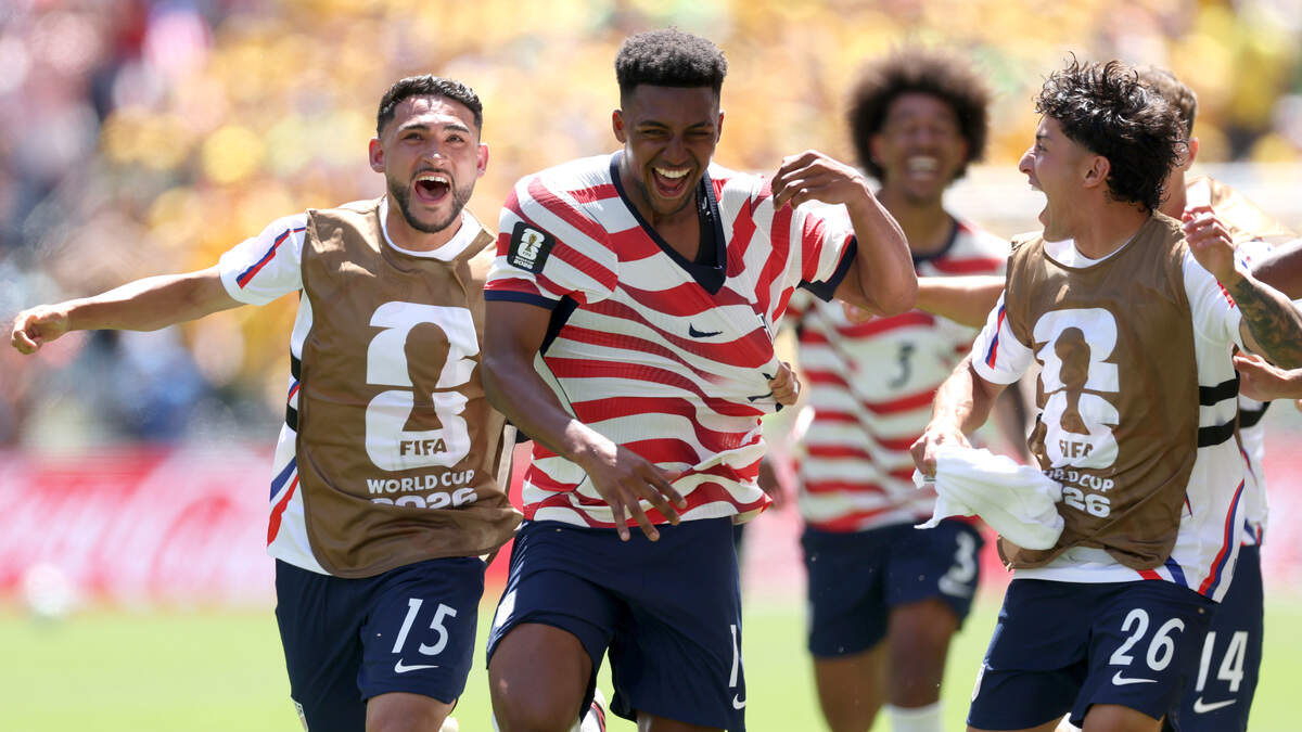SEATTLE, WASHINGTON - JUNE 19: Alex Freeman #16 of the United States celebrates with teammates after scoring his team's second goal during the FIFA World Cup 2026 Group D match between USA and Australia at Seattle Stadium on June 19, 2026 in Seattle, Washington. (Photo by Jamie Squire/Getty Images)